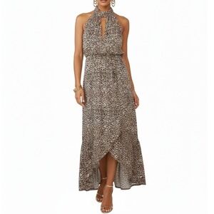 Free People Leopard Halter Maxi Dress Slit Size 4 Resort Y2K Night Out Boho Glam